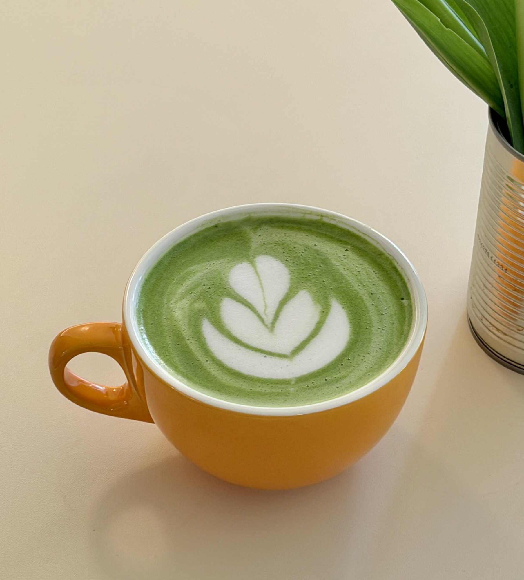 Green matcha latte with white foam art in a yellow cup on a white surface, with a plant in a striped pot nearby.