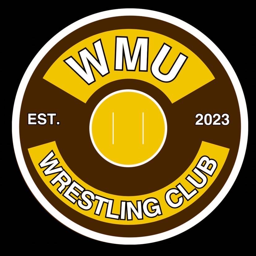 Circular logo with yellow, brown, and white colors, featuring text 'WMU Wrestling Club' and 'EST. 2023'.