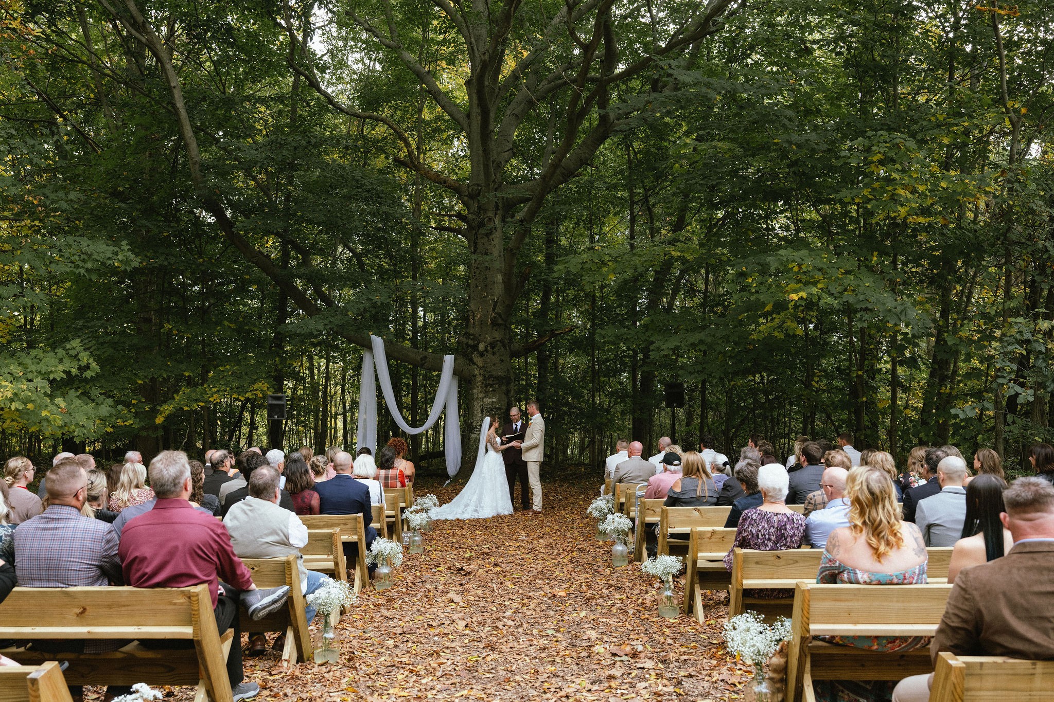 Outdoor wedding ceremony with a bride and groom standing under a white arch, surrounded by seated guests in a wooded area.