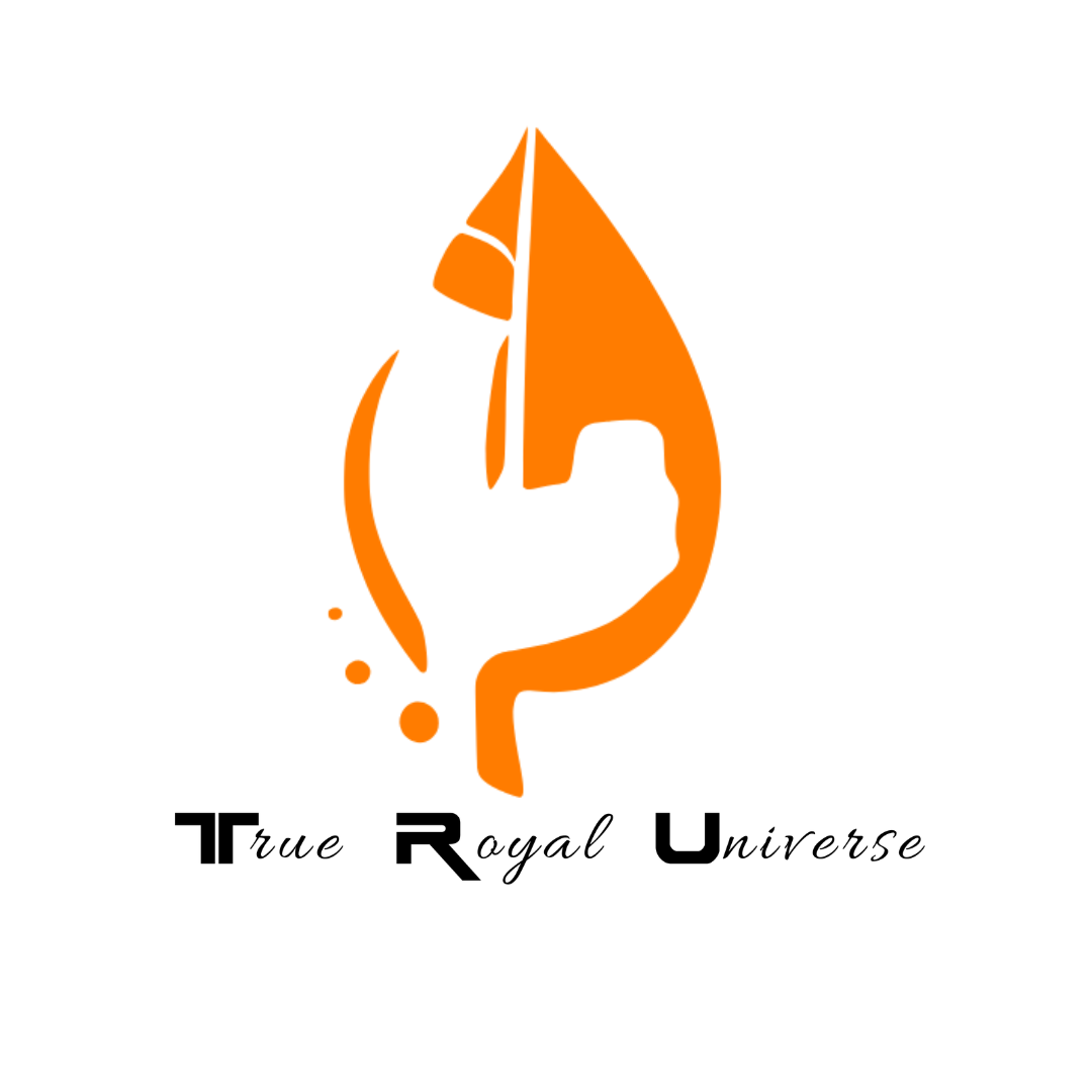 Logo with an orange leaf and a white question mark, with text 'True Royal Universe' below.