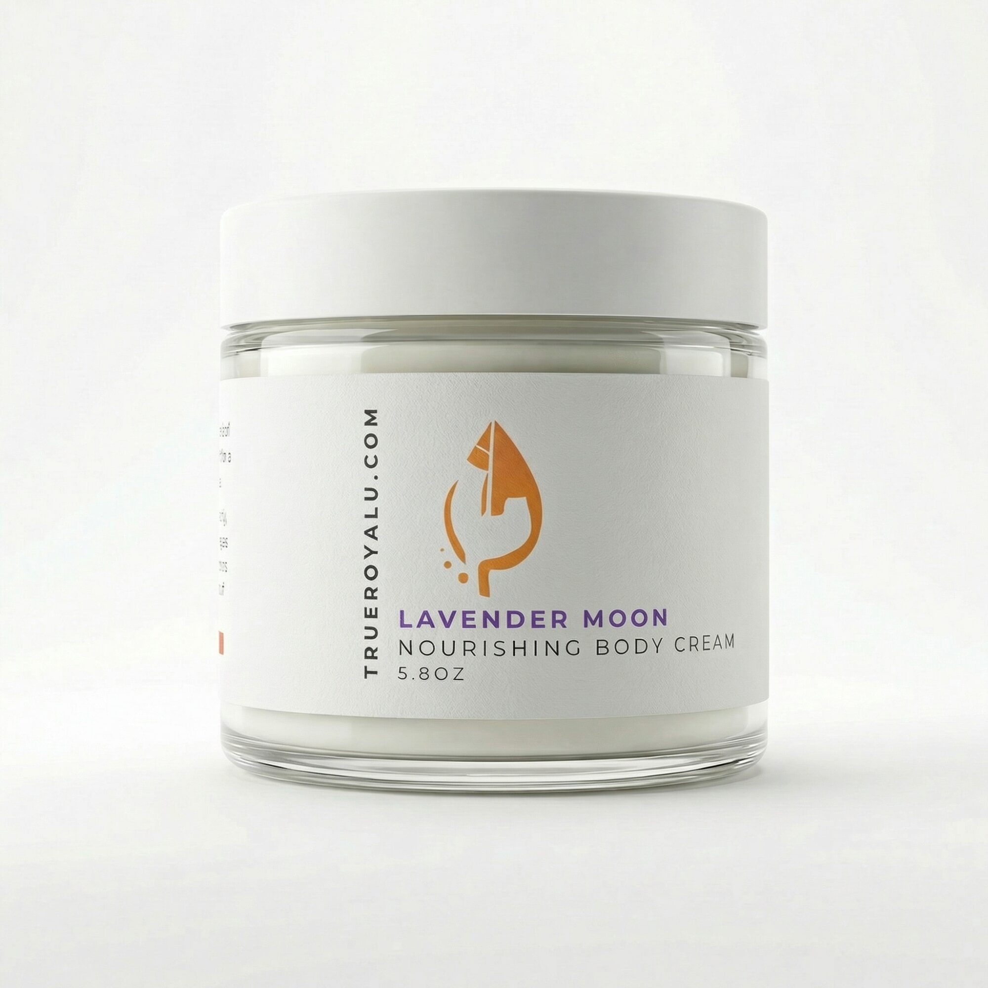 A jar of lavender moon nourishing body cream with a white lid and label, on a white background.