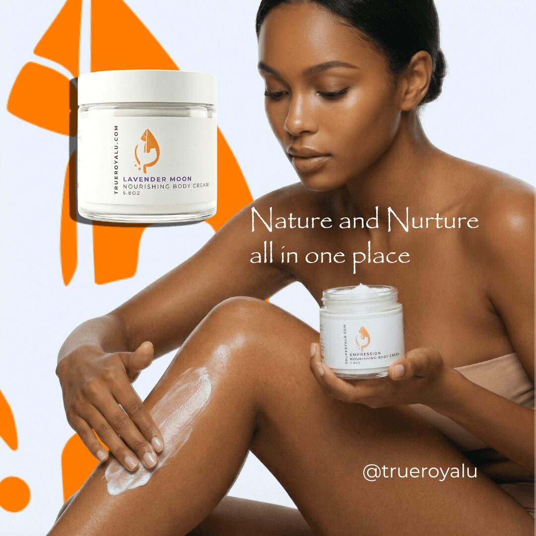Woman applying body cream, holding a jar, with a tropical background and text about nurturing skincare.