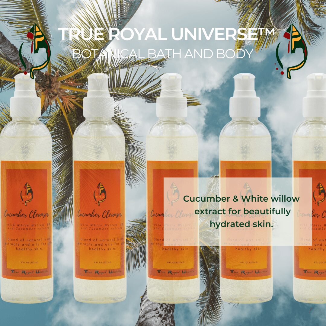 Five bottles of botanical bath and body product with palm trees and sky background, and a label mentioning cucumber and white willow extract.