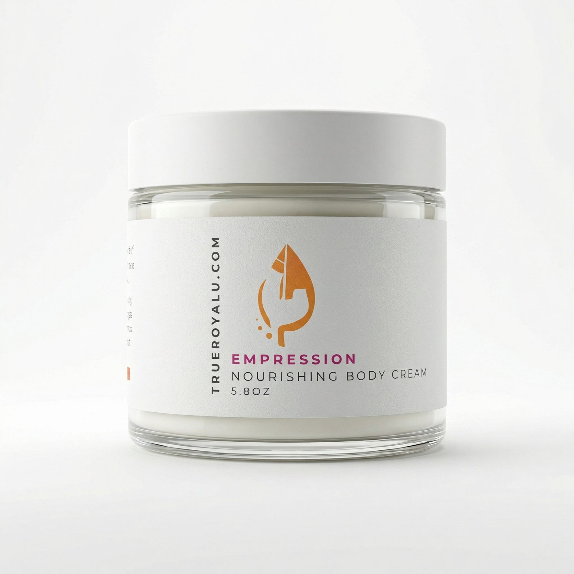 A jar of nourishing body cream with a white lid and label, featuring a logo and text, against a white background.