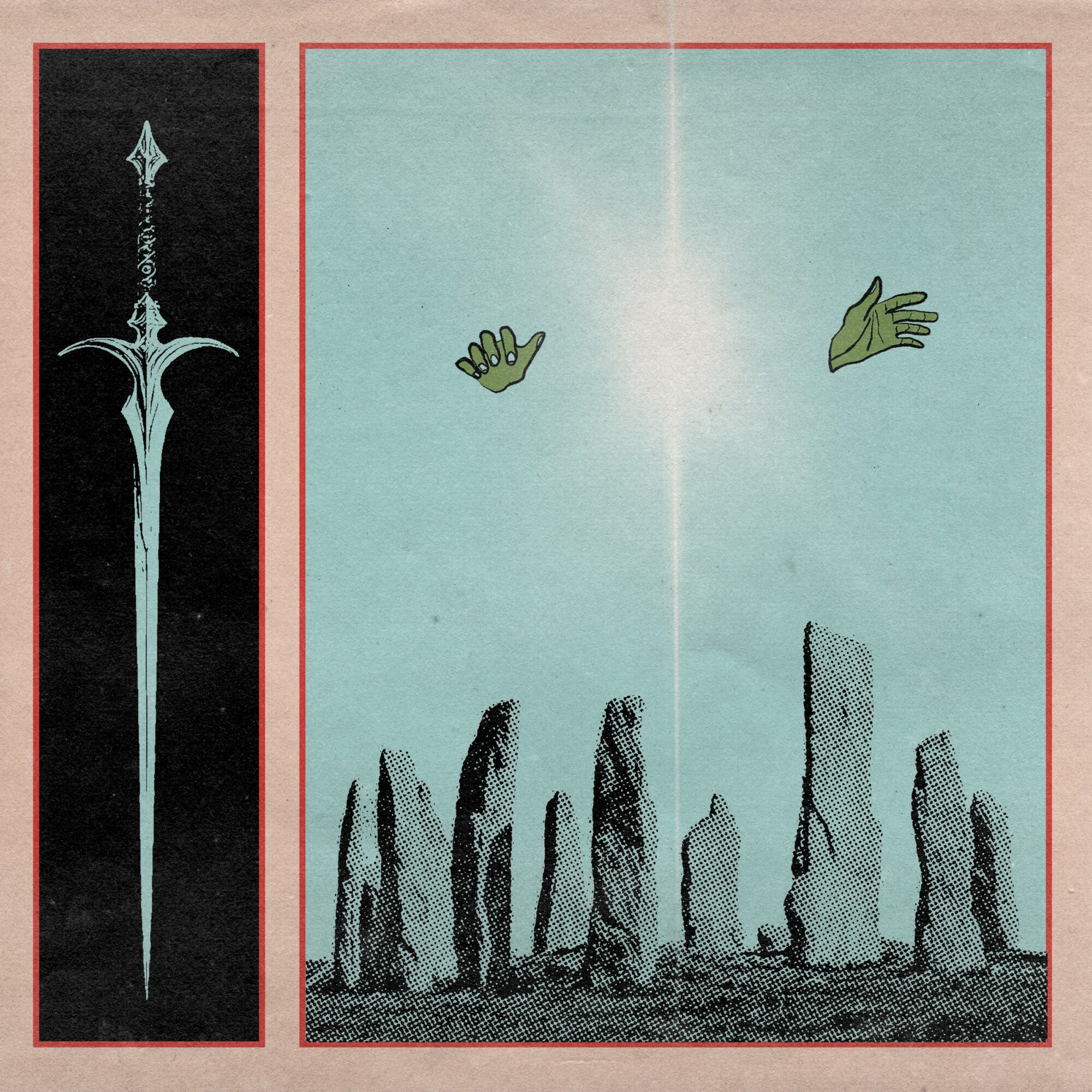 Two hands reaching towards a bright light above standing stones, with a sword emblem on the left. Calm, mystical scene.