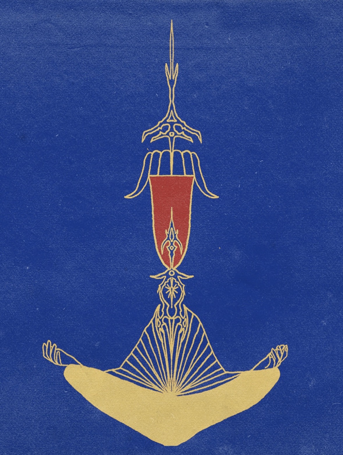 Illustration of a person in a seated yoga pose with arms extended, a red vertical element above, and intricate line details.