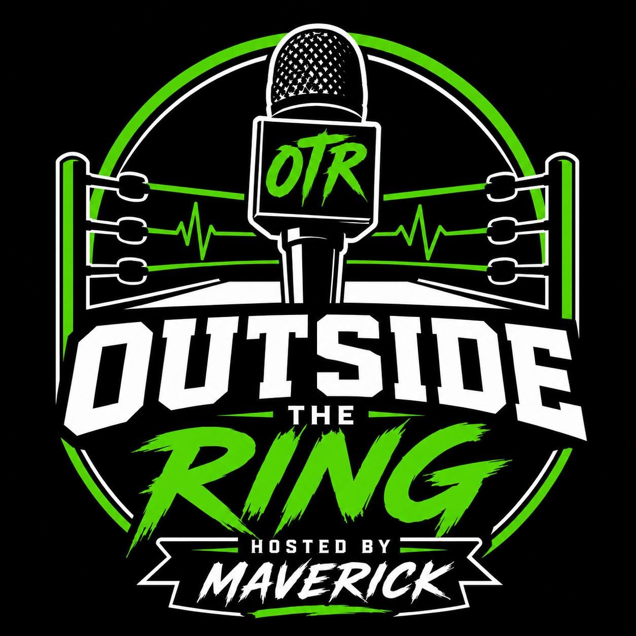 Logo with microphone, green and white text, and a circular design for a podcast called 'Outside the Ring' hosted by Maverick.