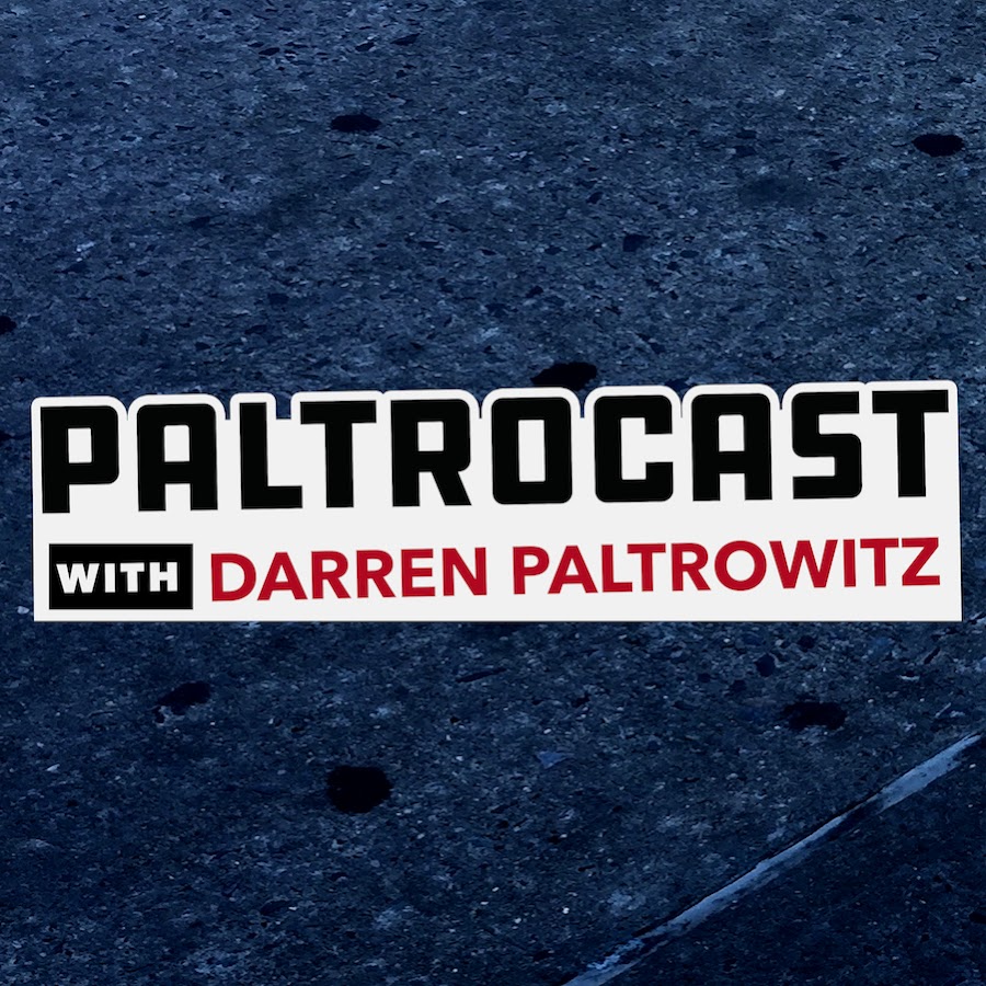 Podcast logo with bold black and red text on a dark textured background.