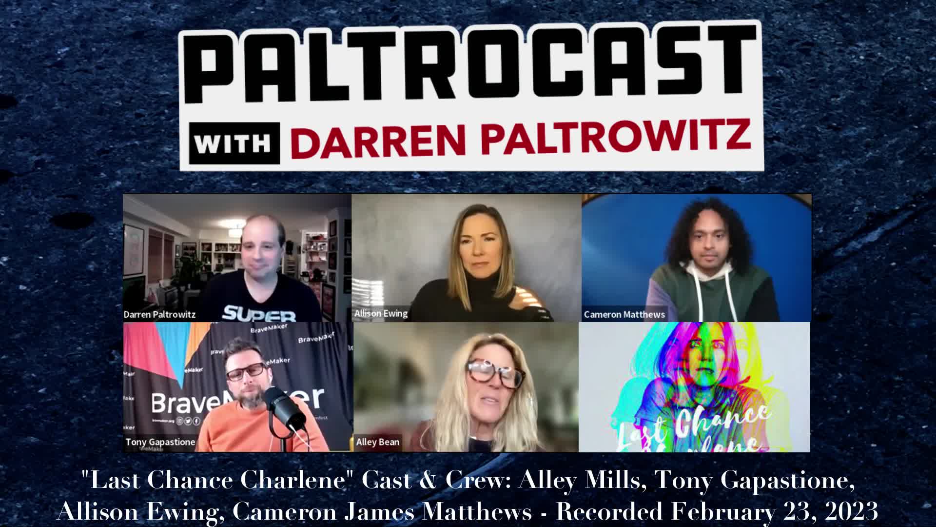Four people in a video call, with a podcast title and host name at the top, and a quote at the bottom.