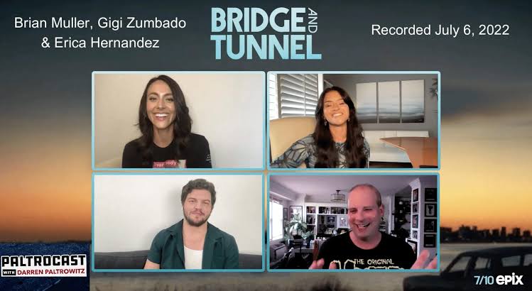 Four people in video call windows, smiling, with a sunset background and text about a podcast episode, recorded July 6, 2022.
