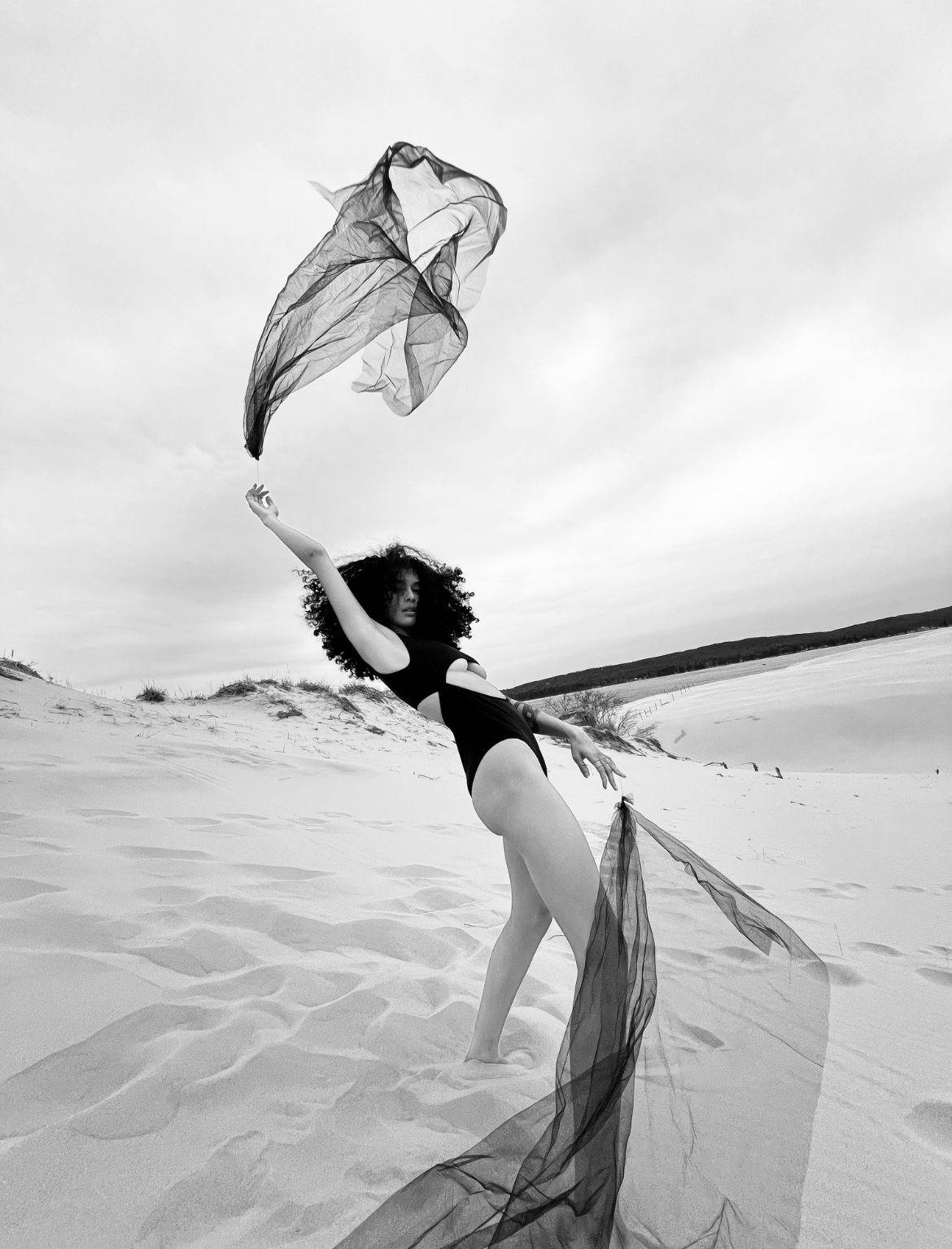 Woman standing on sand beach holding flowing fabric in the air, with a cloudy sky and distant shoreline in background.