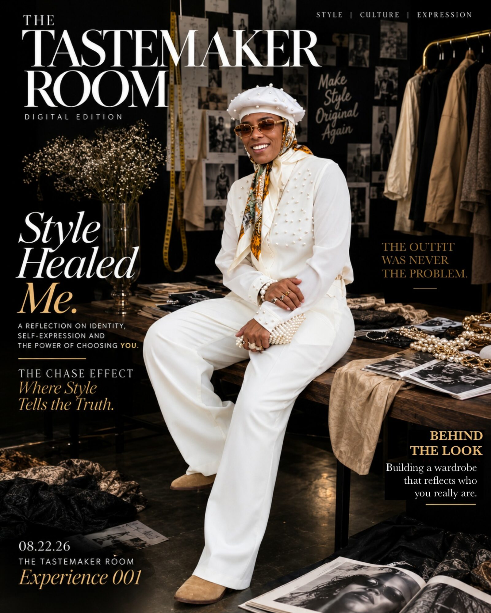 Woman in white suit and hat sitting in a clothing store, surrounded by racks and fashion displays.