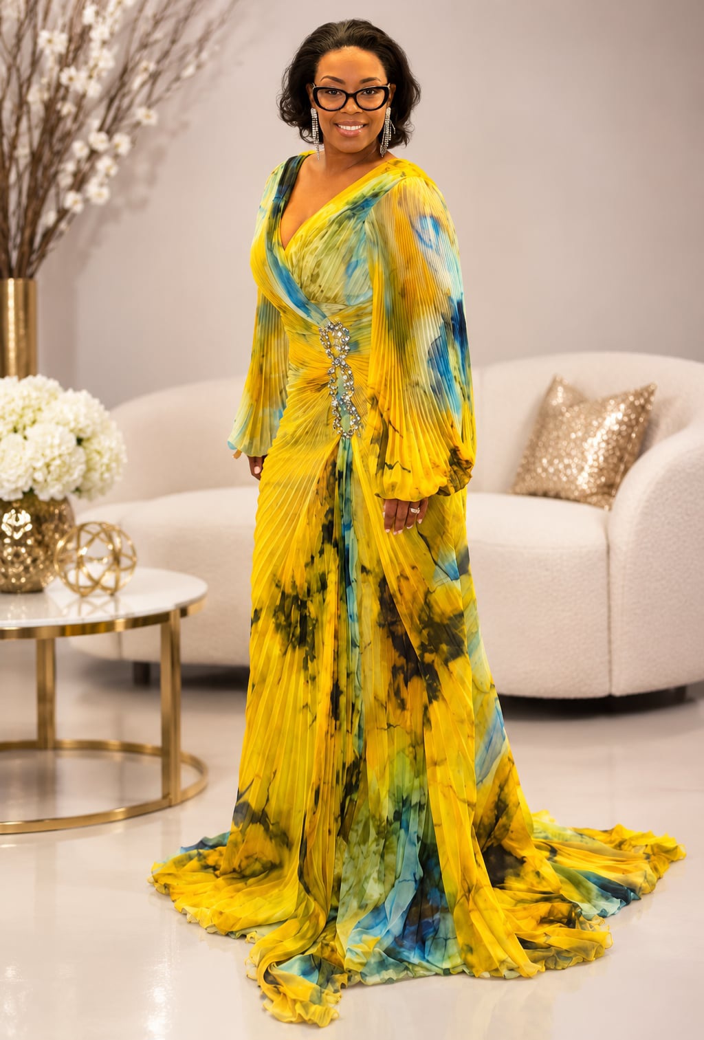 Woman in a colorful yellow, blue, and green patterned dress standing in a living room with a white sofa and floral arrangement.