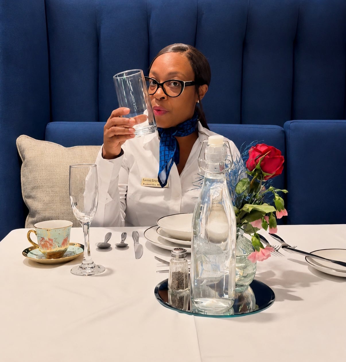 Woman with glasses holding a glass of water at a dining table with a blue background, flowers, and tableware.