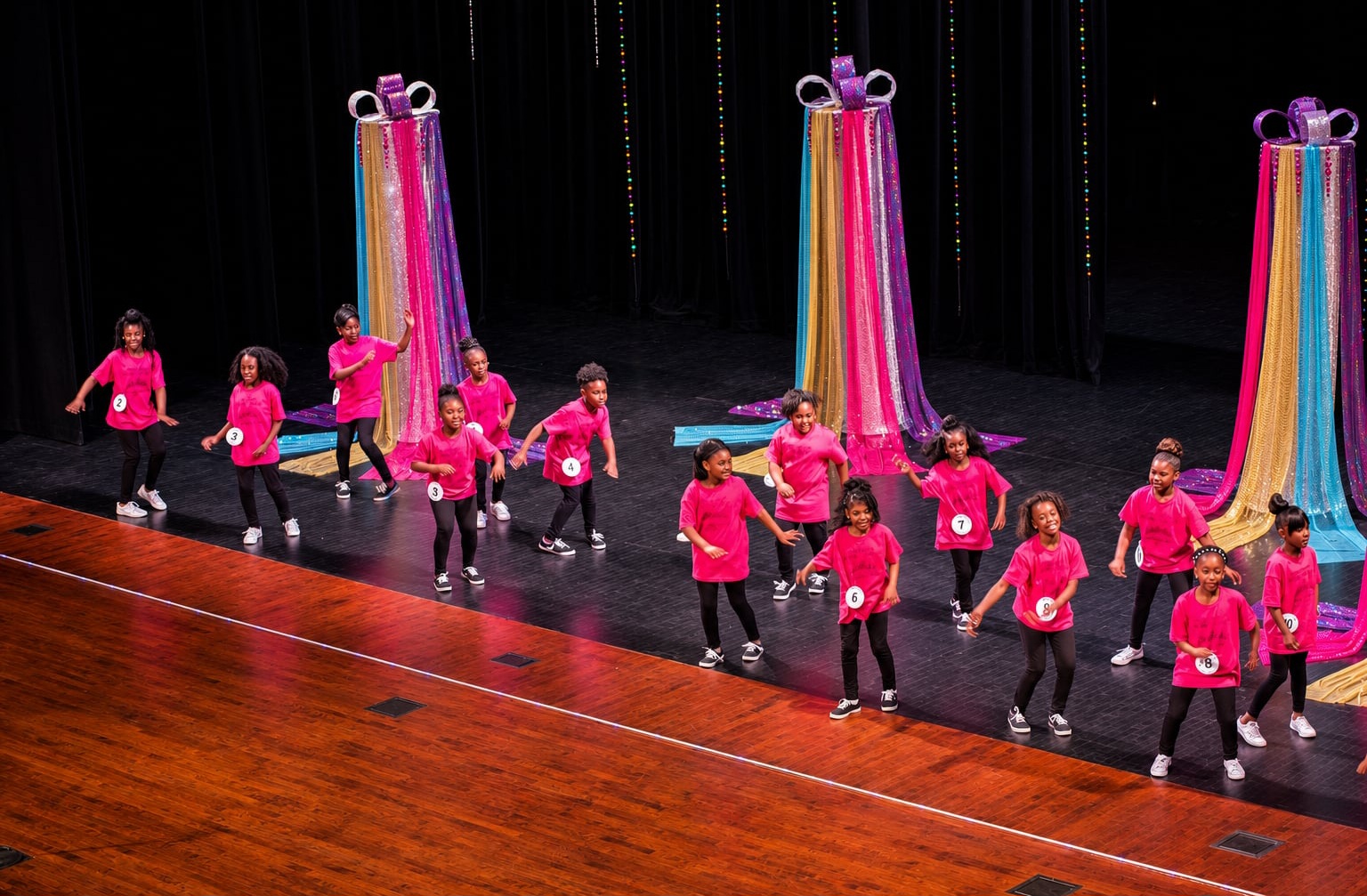 Children in pink shirts perform on stage with colorful gift box decorations in the background.