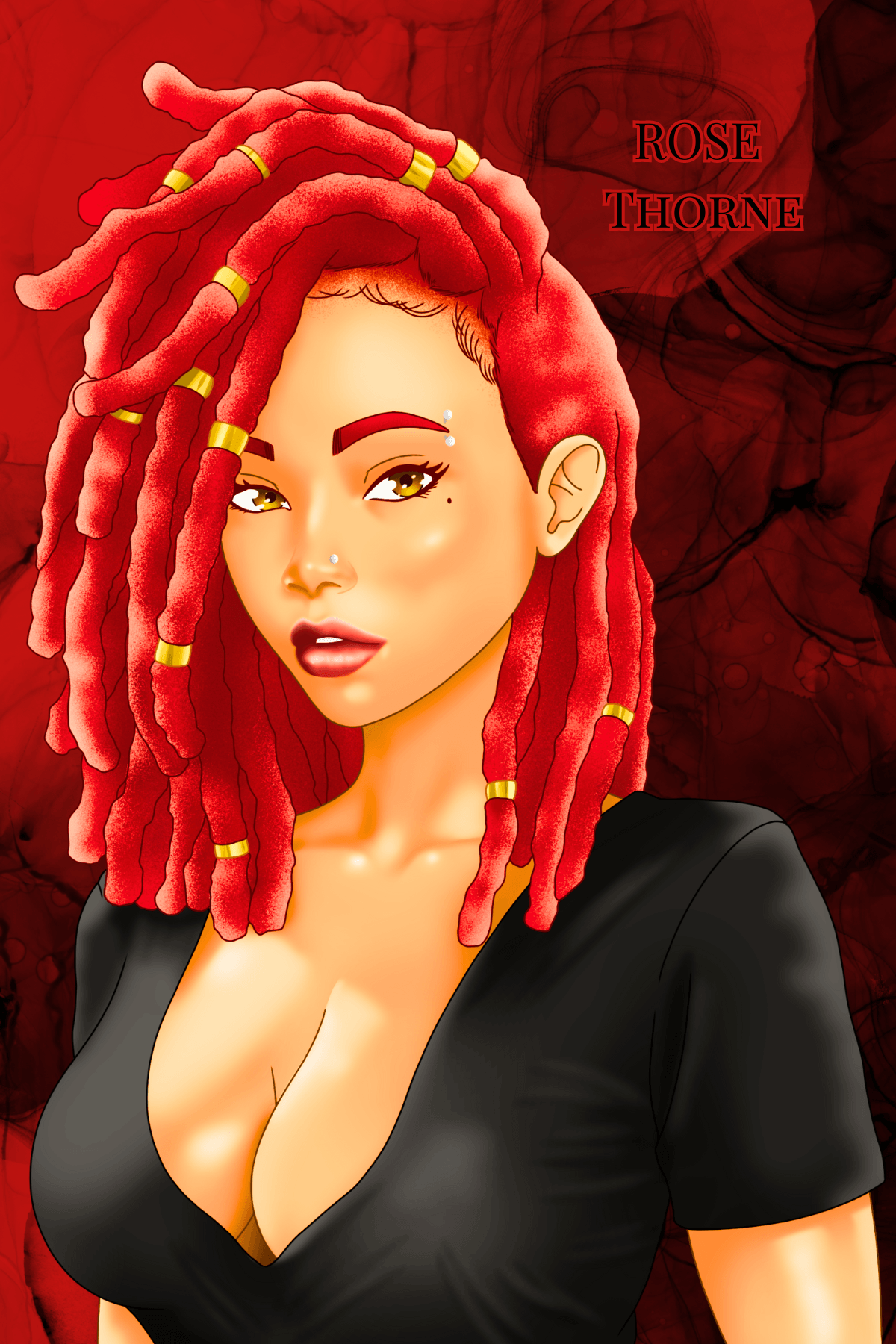 Digital illustration of a woman with red dreadlocks, wearing a black top, against a dark background.