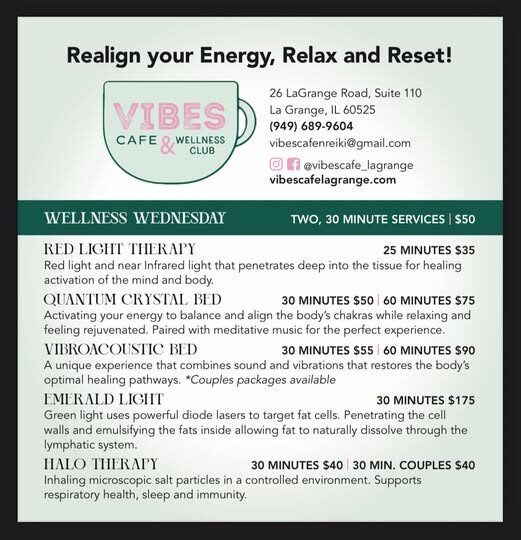 Wellness Wednesday flyer with therapy options, prices, and descriptions, including Reiki, quantum crystal, vibroacoustic, emerald light, and halo therapy.