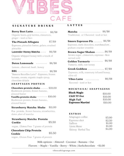 Cafe menu with signature drinks, lattes, smoothies, and extras, featuring berry, matcha, and chocolate options, with prices listed.