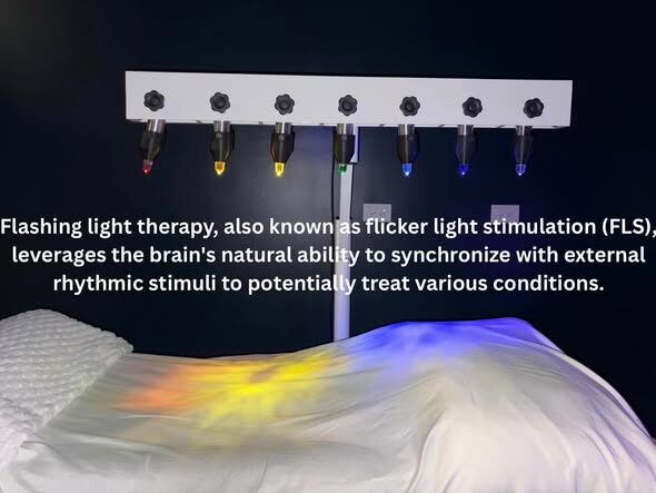 Medical device with flashing lights above a patient's chest, used for therapy or stimulation, with text explaining its function.
