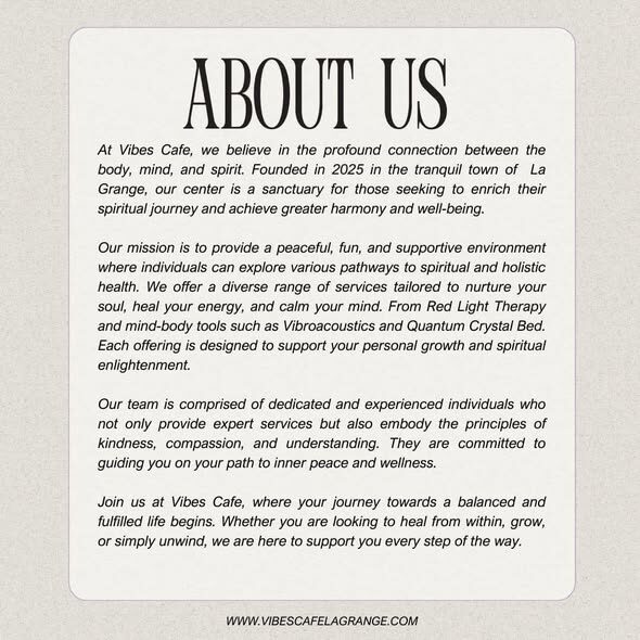 Text about Vibes Cafe's mission, team, and environment, emphasizing connection, support, and wellness, with a website link at the bottom.