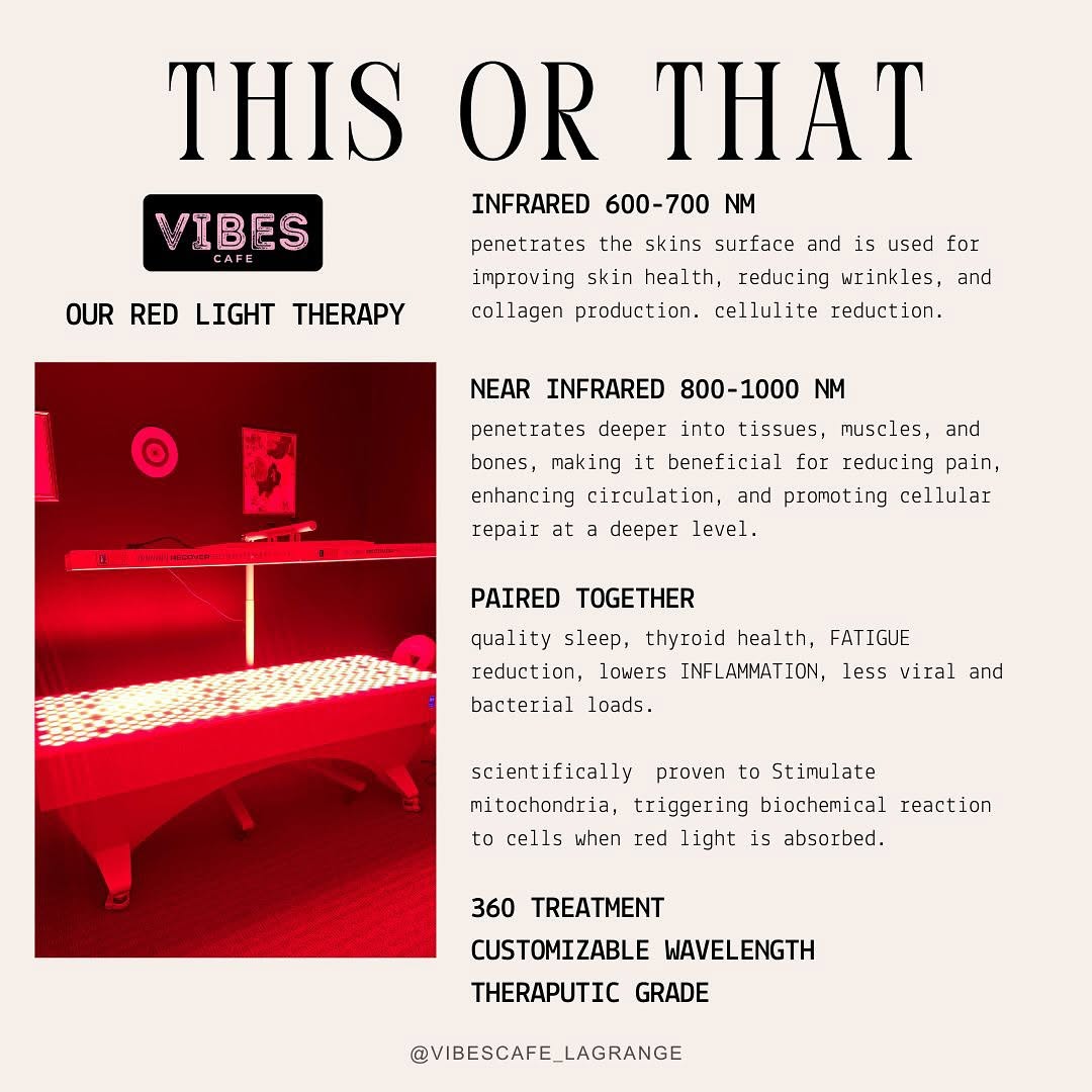 Poster with text about infrared therapy, featuring a red-lit bed and black text on a beige background.