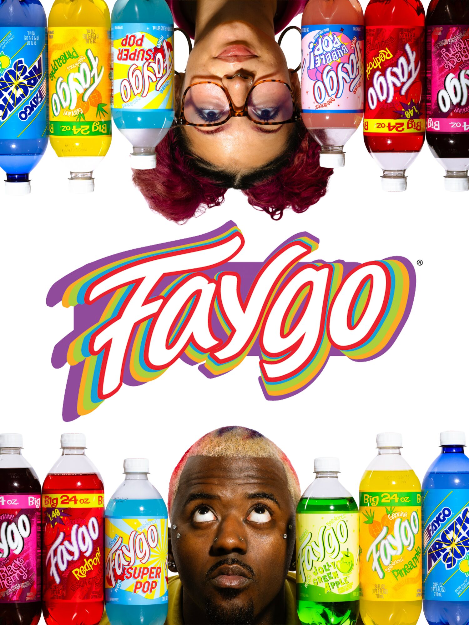 Upside-down image of a woman with glasses and purple hair, surrounded by Faygo soda bottles, and a man looking upward with soda bottles around him. Faygo logo in the center.