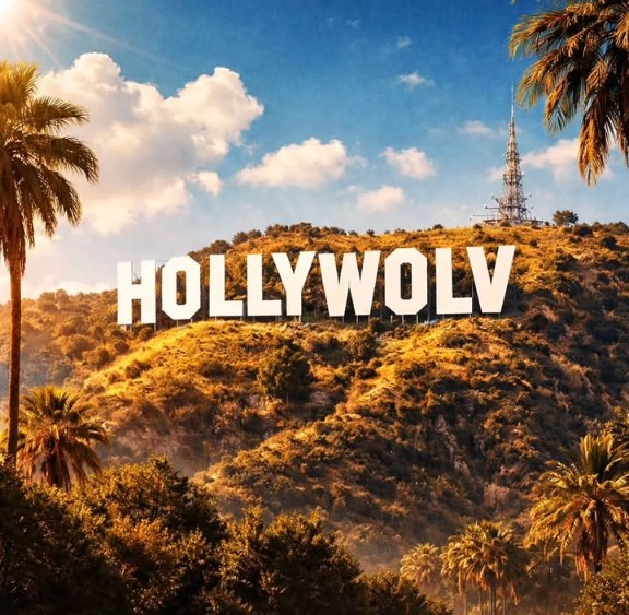 Hollywood sign on a hillside with palm trees and a blue sky with clouds.