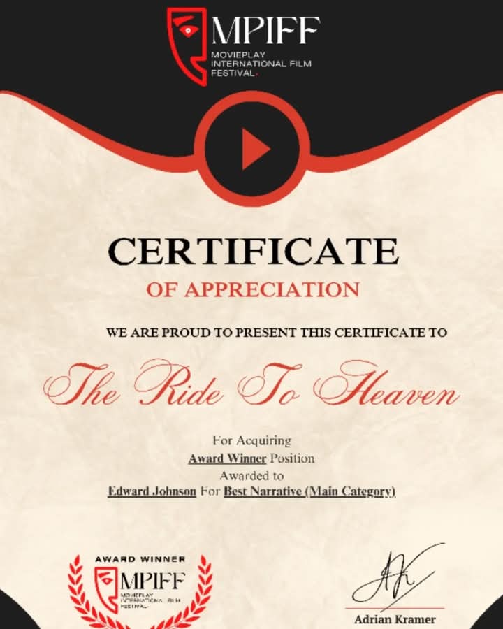 Certificate of appreciation from MPIFF for 'The Ride To Heaven,' awarded to Edward Johnson for best narrative, with signatures and logo.