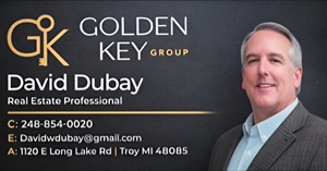 Business card for David Dubay, real estate professional, with logo, contact info, and a photo of a smiling man in a suit.