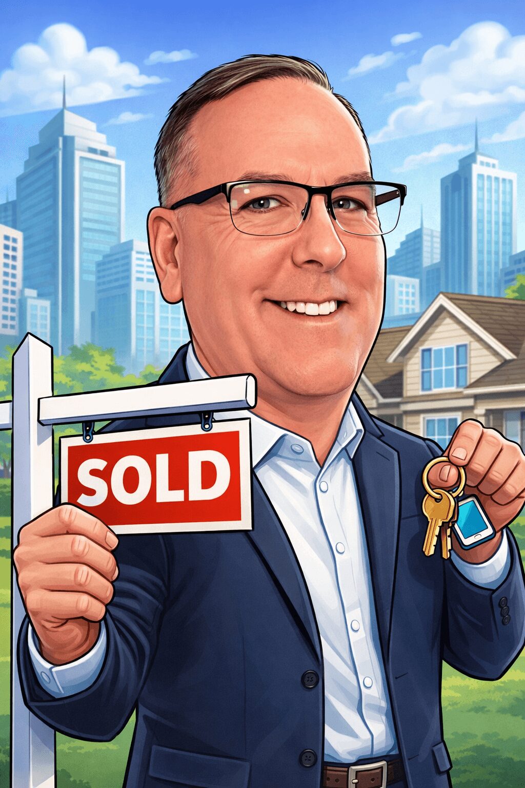 Man in suit holding a 'SOLD' sign and keys, with city buildings in background.