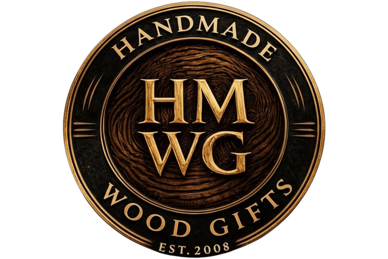 Circular logo with gold text reading 'HANDMADE WOOD GIFTS' and initials 'HMWG' in the center.