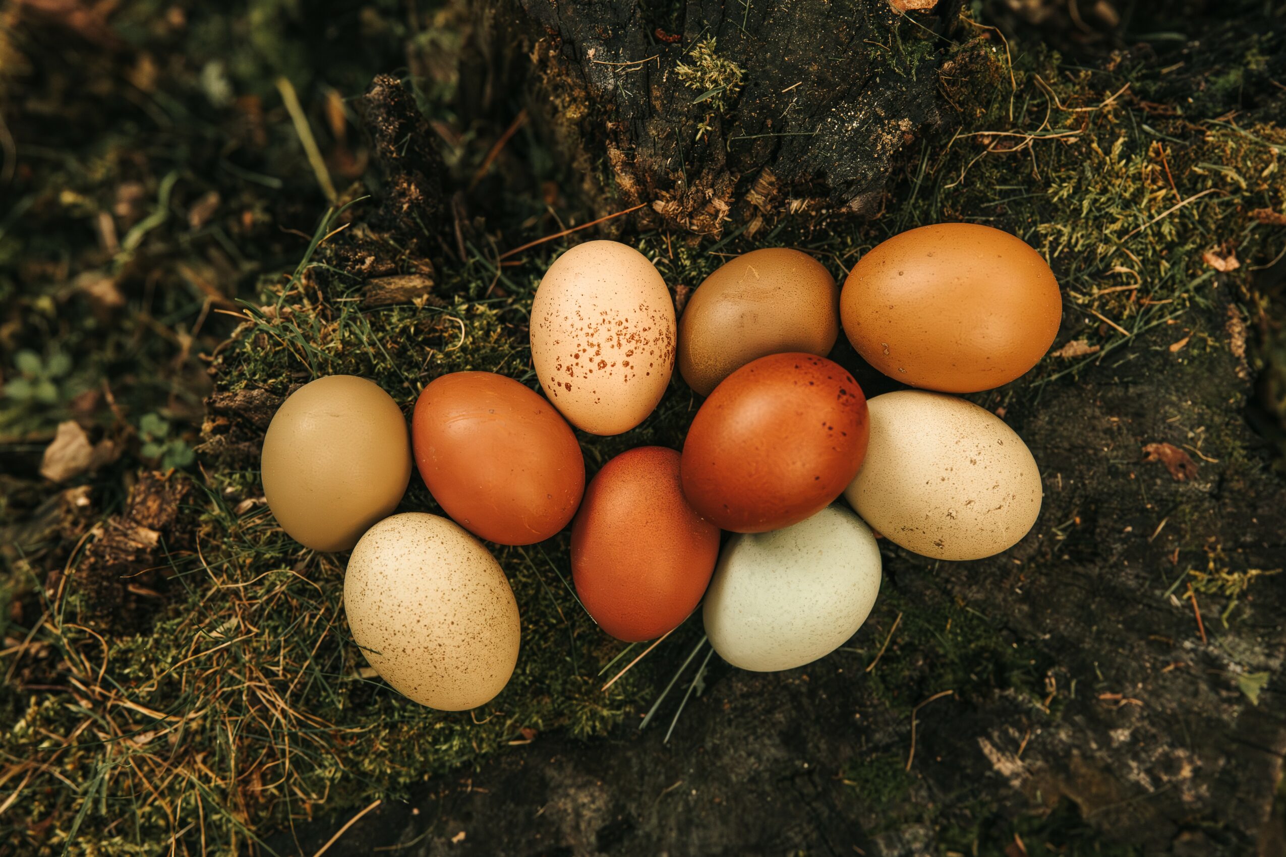 Various eggs are placed on the ground near a tree trunk, with grass and soil visible around them.