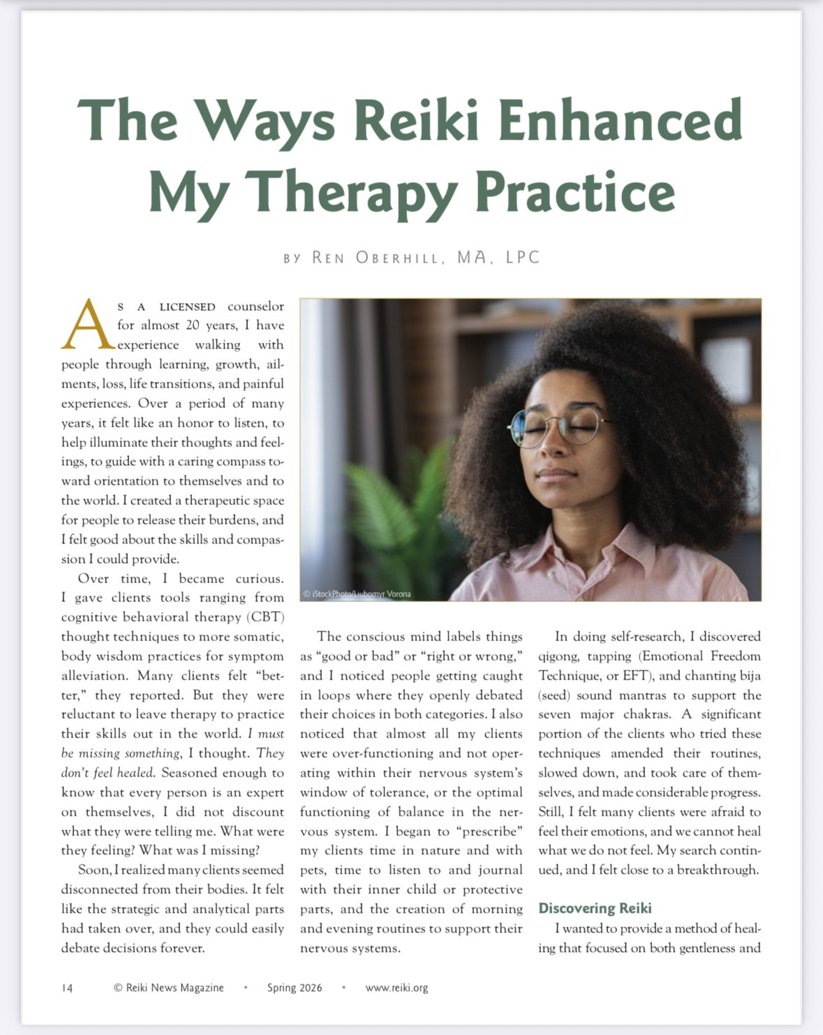 Book cover titled 'The Ways Reiki Enhanced My Therapy Practice' with a woman wearing glasses and a pink shirt, sitting indoors. Text on the cover includes author and publication details.