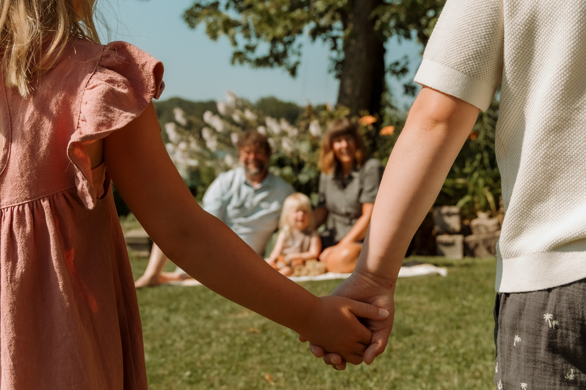 Two children hold hands in a park with people sitting on the grass in the background.
