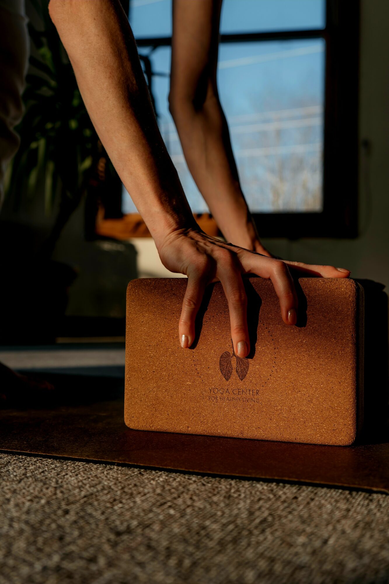 Person's hands pressing on a brown yoga block near a window with blue sky visible outside.