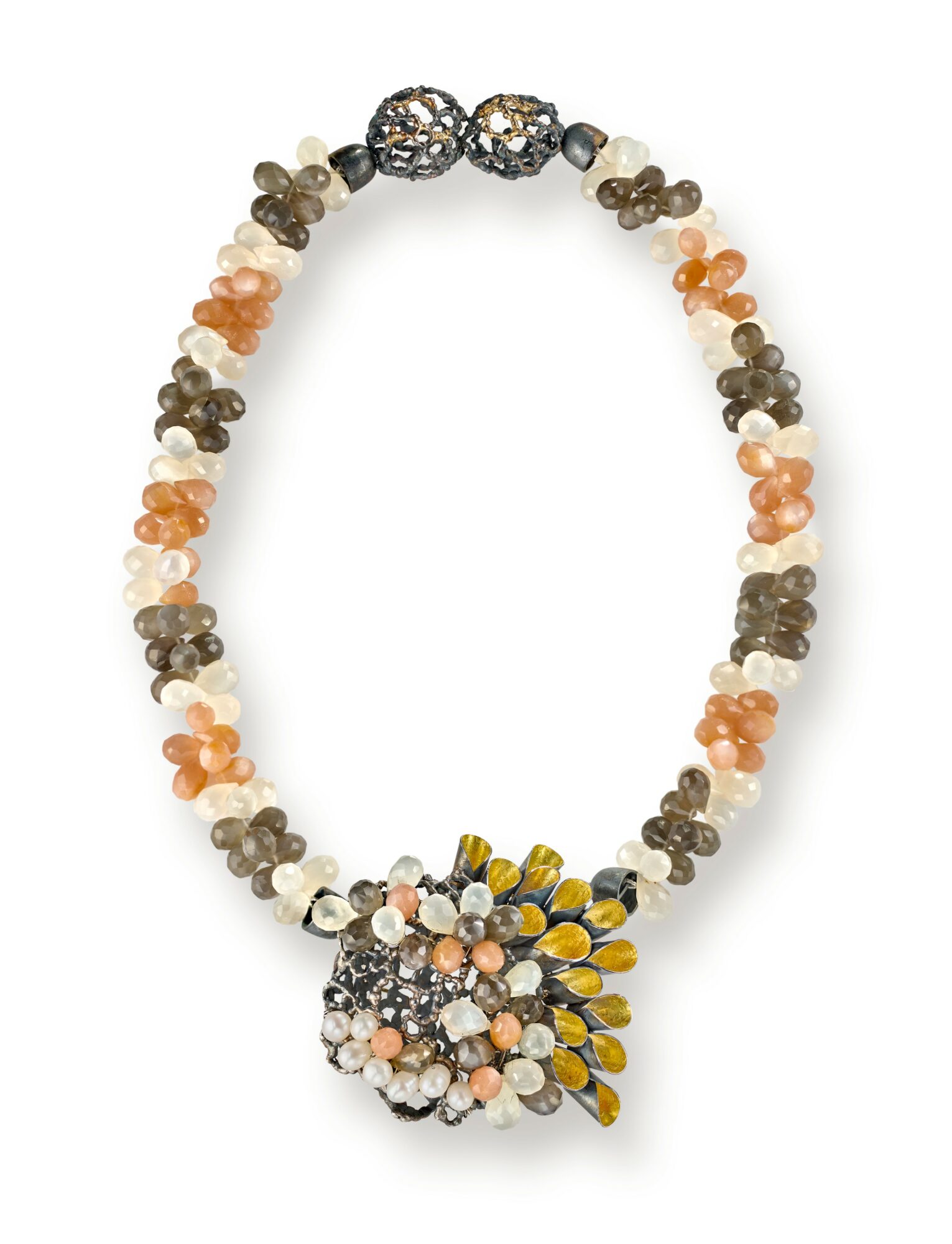 Beaded necklace with a floral pendant, featuring yellow, black, and pink beads, and a clasp with metallic beads.