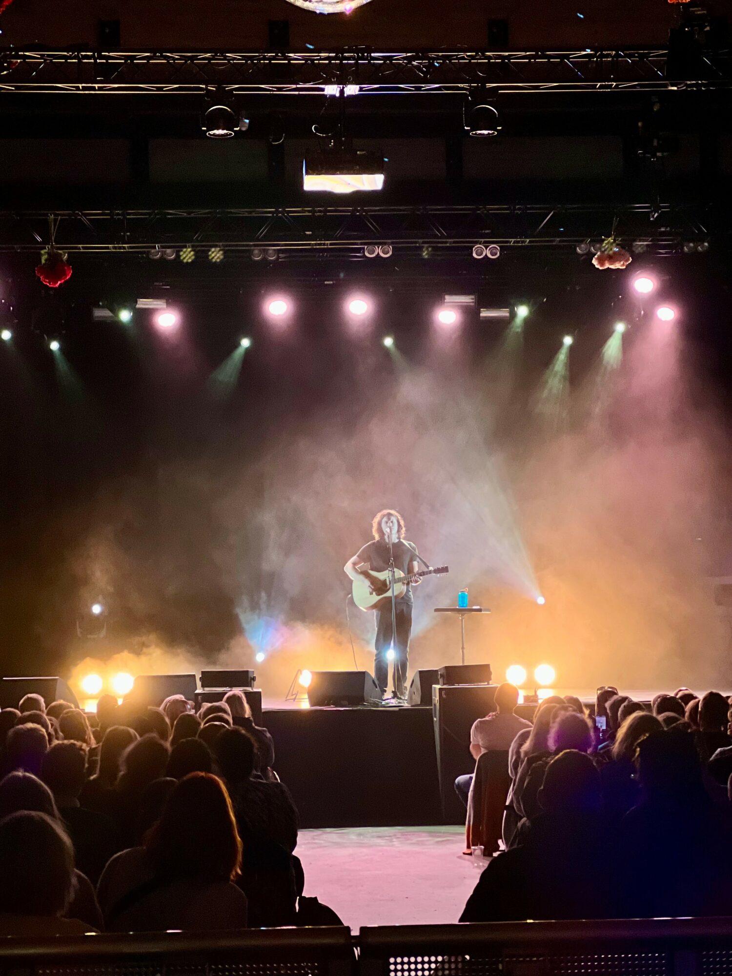 Performer playing guitar on stage with colorful lights and audience in foreground.
