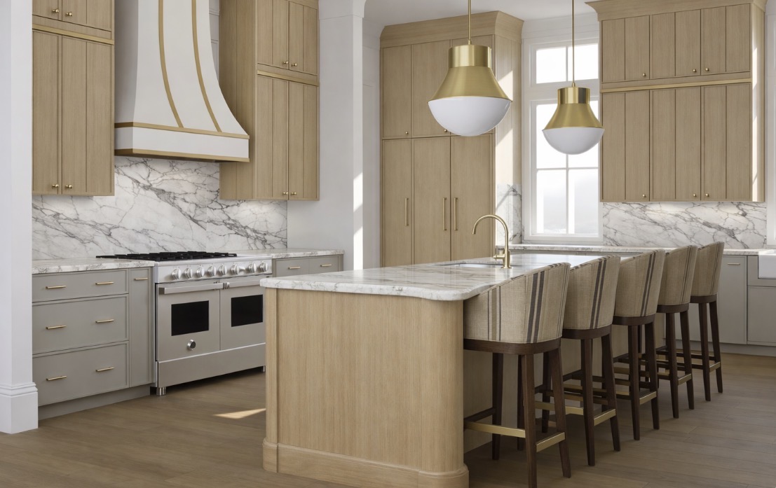 Modern kitchen with light wood cabinets, marble backsplash, island with bar stools, and pendant lights above the island.