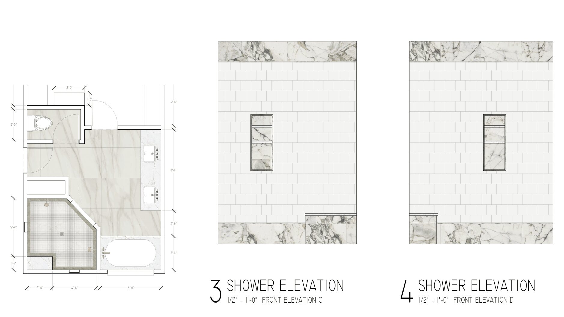 Floor plan and two shower elevation drawings, showing tiled walls and a central niche, with measurements and layout details.