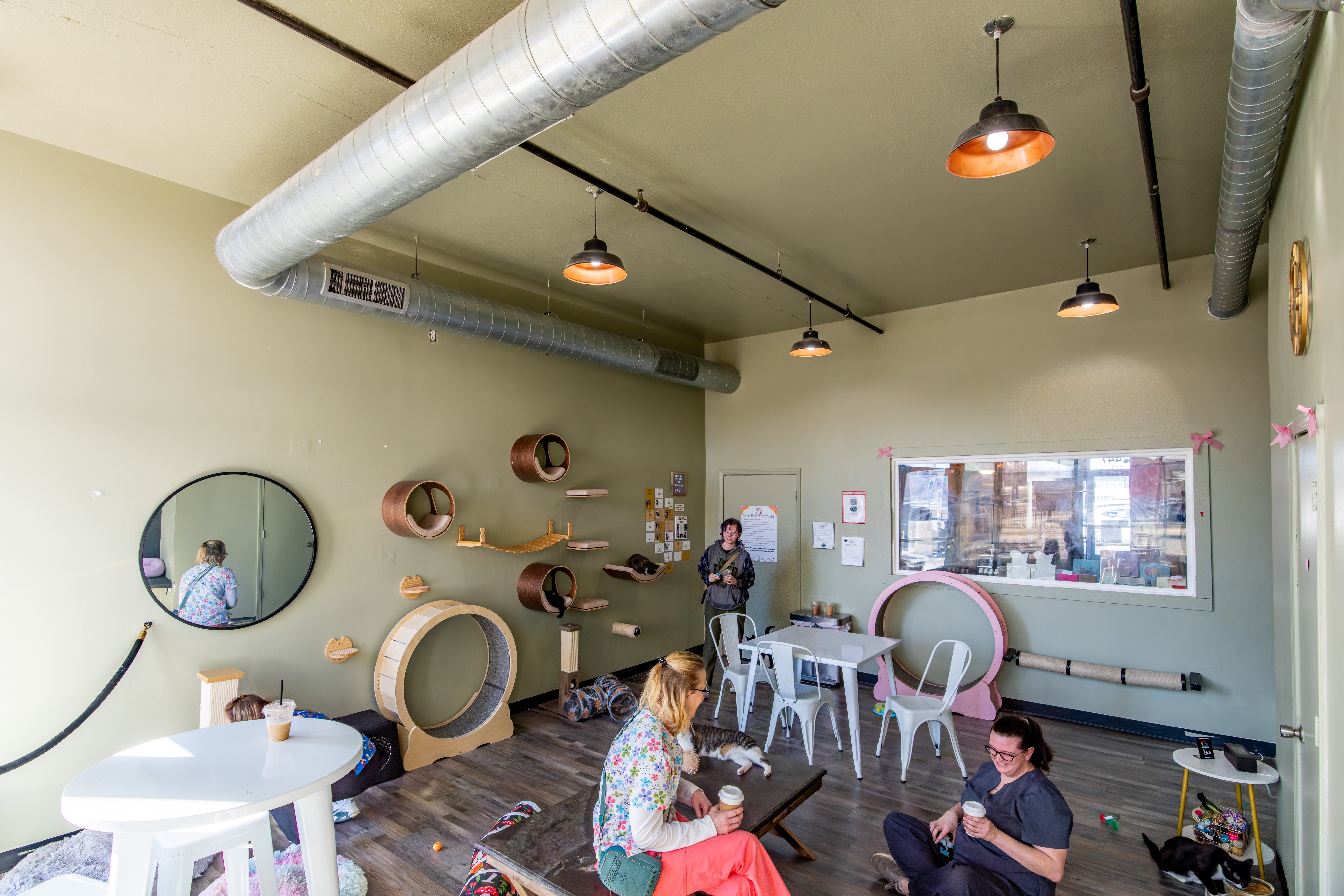 Interior of a room with hanging lights, wall shelves, a mirror, and people sitting and standing, engaging in activities.