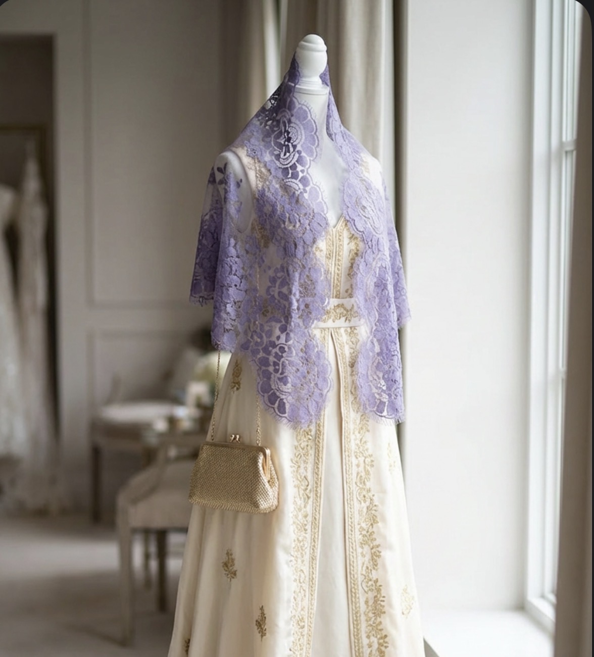 Mannequin dressed in a cream gown with gold embroidery, purple lace shawl, beige purse, in a room with curtains and furniture