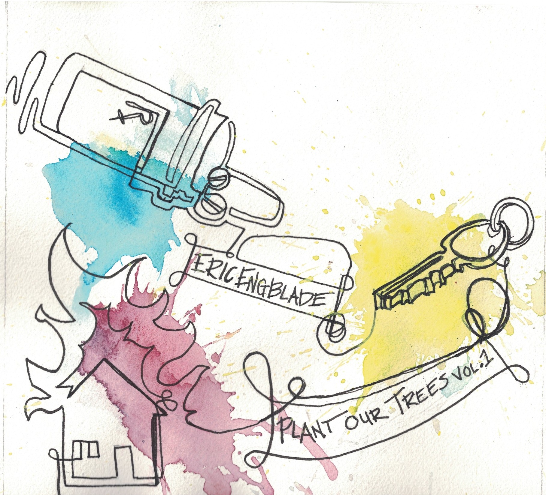 Drawing of a spray paint can, a key, and a sign with colorful watercolor splashes, including text about planting trees.