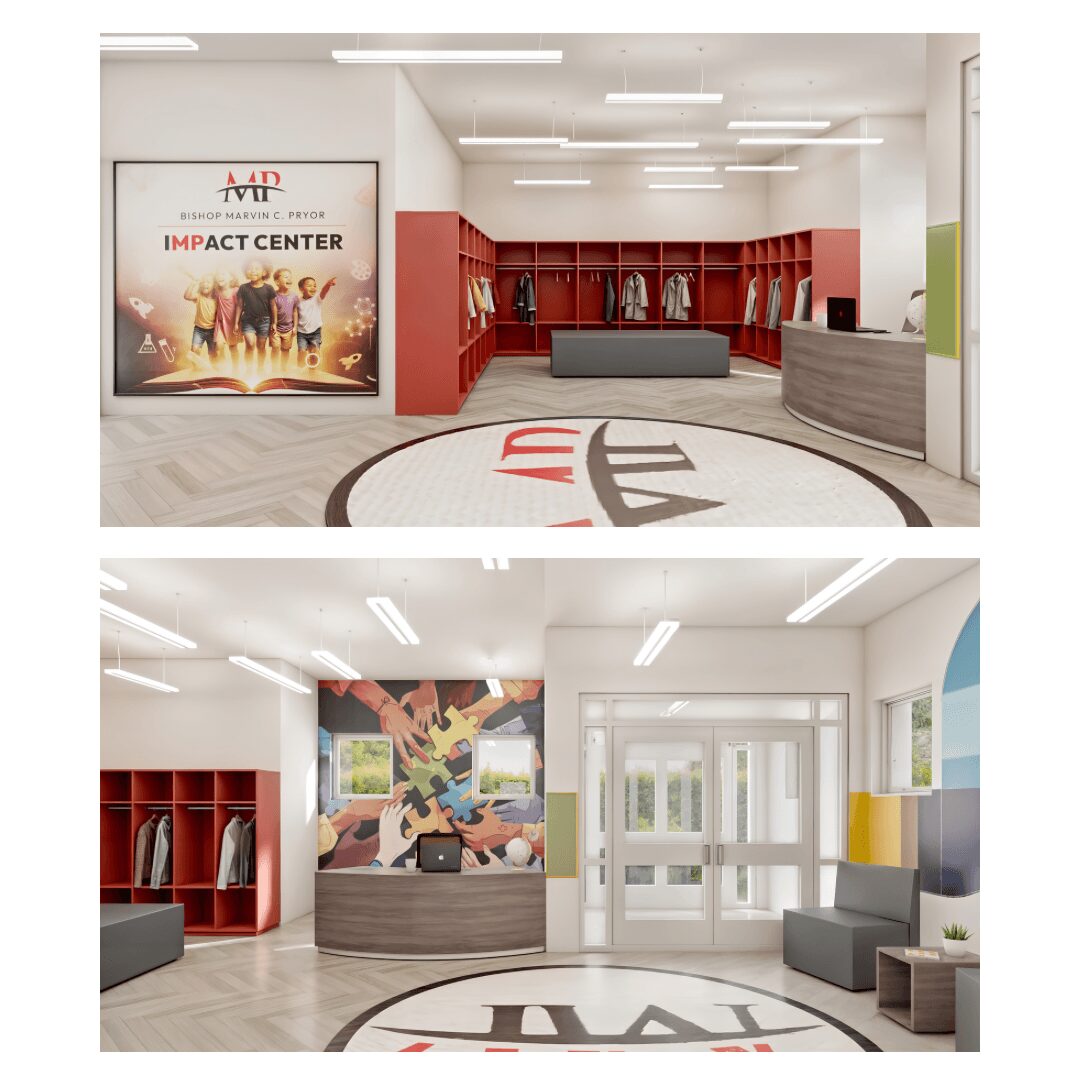 Lobby with red lockers, seating, and a large logo rug, bright lighting, and a mural on the wall, modern design.