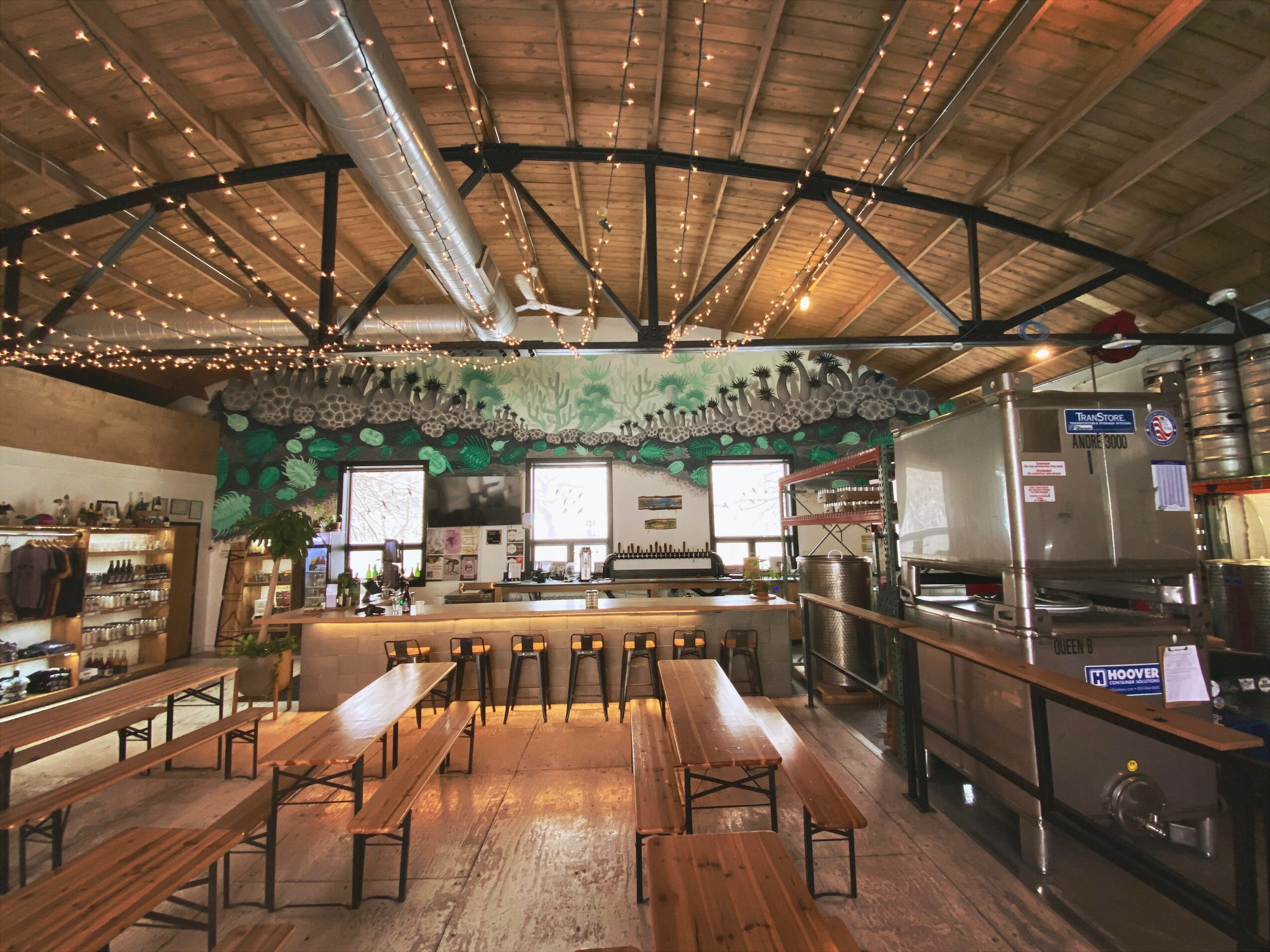 Interior of a cafe with wooden tables and chairs, a bar counter, and large windows, decorated with string lights and greenery.