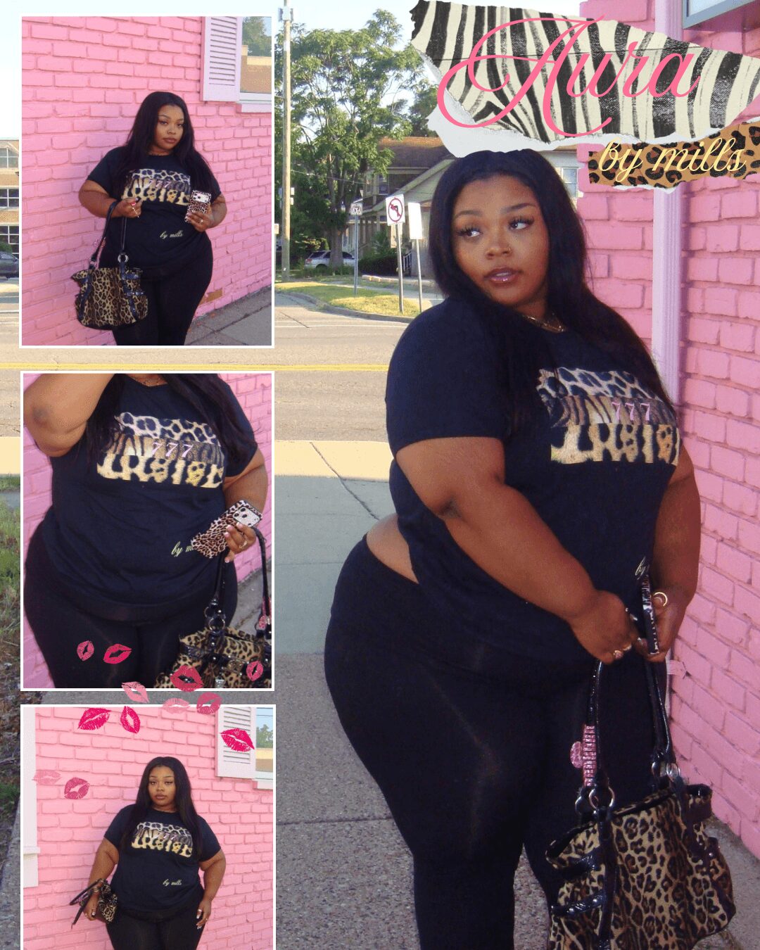 Woman standing against pink brick wall, wearing black outfit with leopard print accessories, holding a leopard print bag, outdoors.