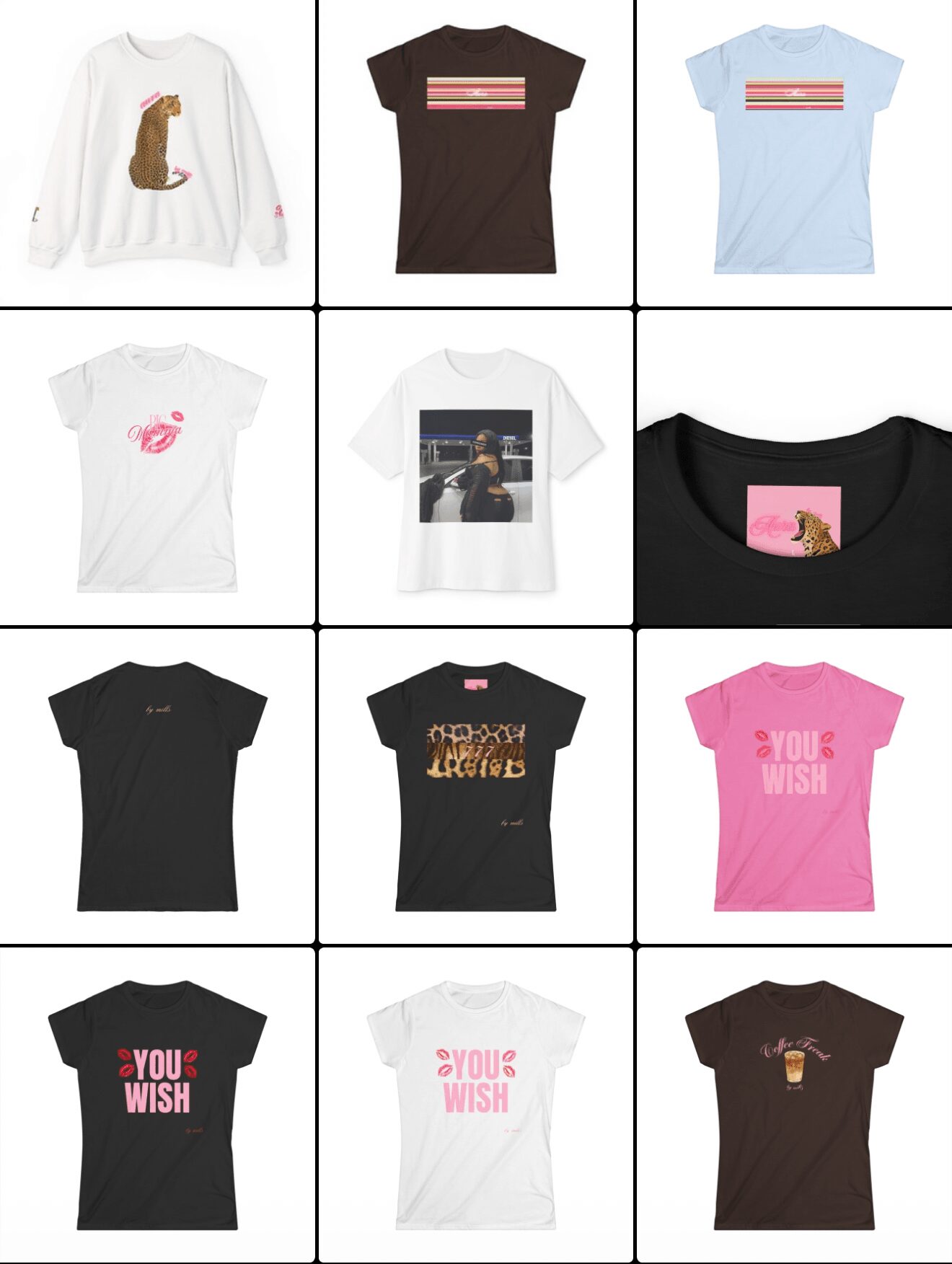 Collection of twelve T-shirts with various designs and colors, arranged in a grid pattern.