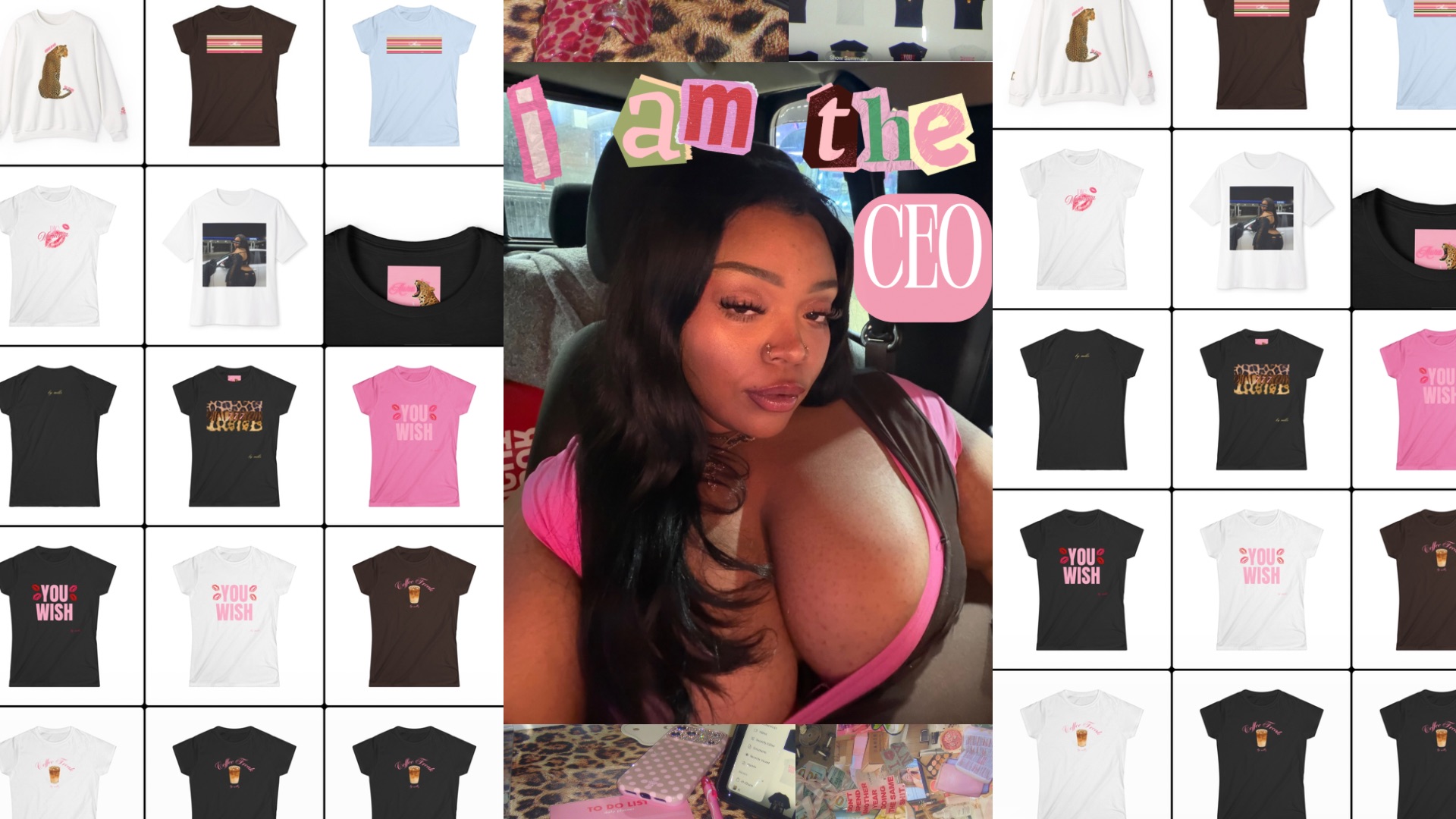 Young woman with long dark hair wearing a pink top, surrounded by clothing images, holding a sign that says 'am the CEO'.