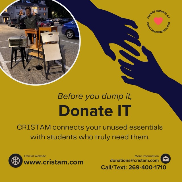 A person at a table outdoors with chairs, overlaid with a graphic of two hands reaching, and text about donating unused essentials.
