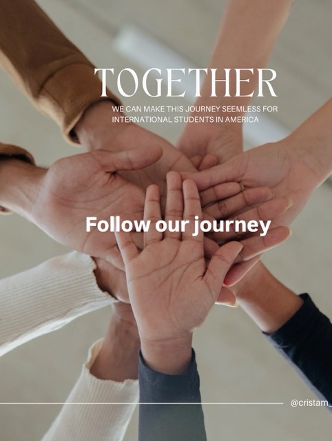 Multiple hands stacked together, symbolizing unity and teamwork, with text about a journey and international students.