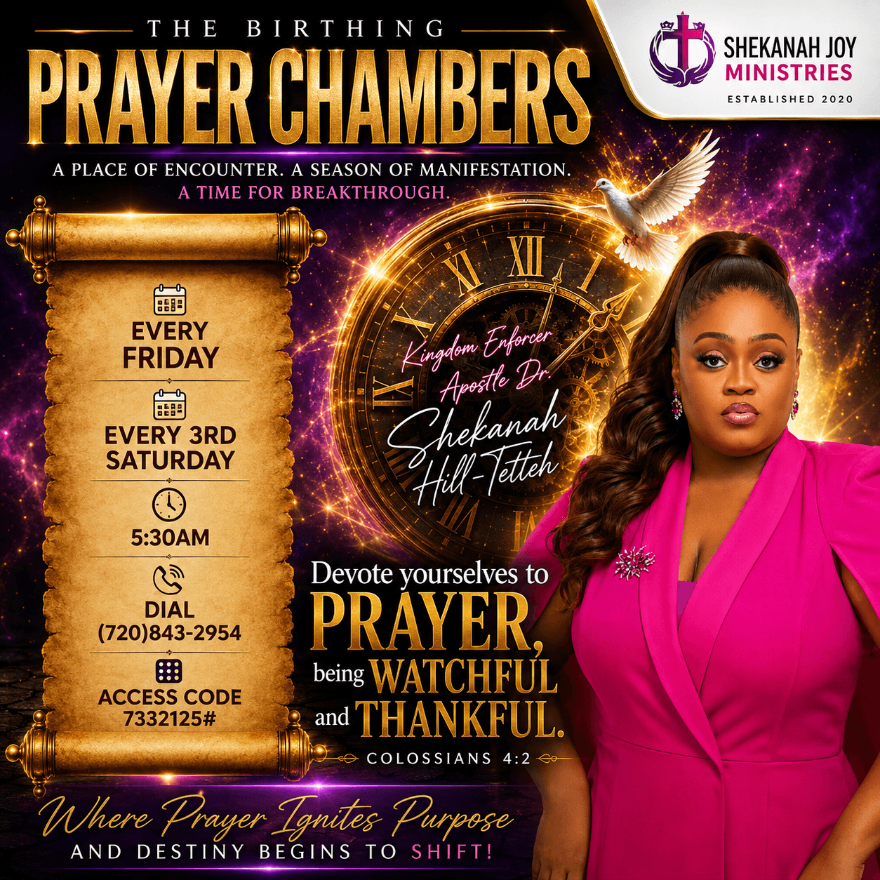 Woman in pink blazer with long hair, promotional poster for prayer chambers event, gold clock, dove, and starry background.